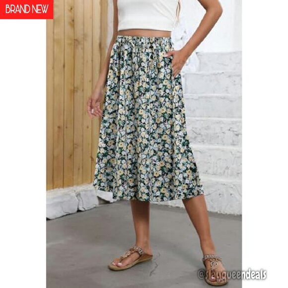 Flowy Midi Skirt High Waist Elastic A-Line with Pockets Women's - Picture 3 of 8